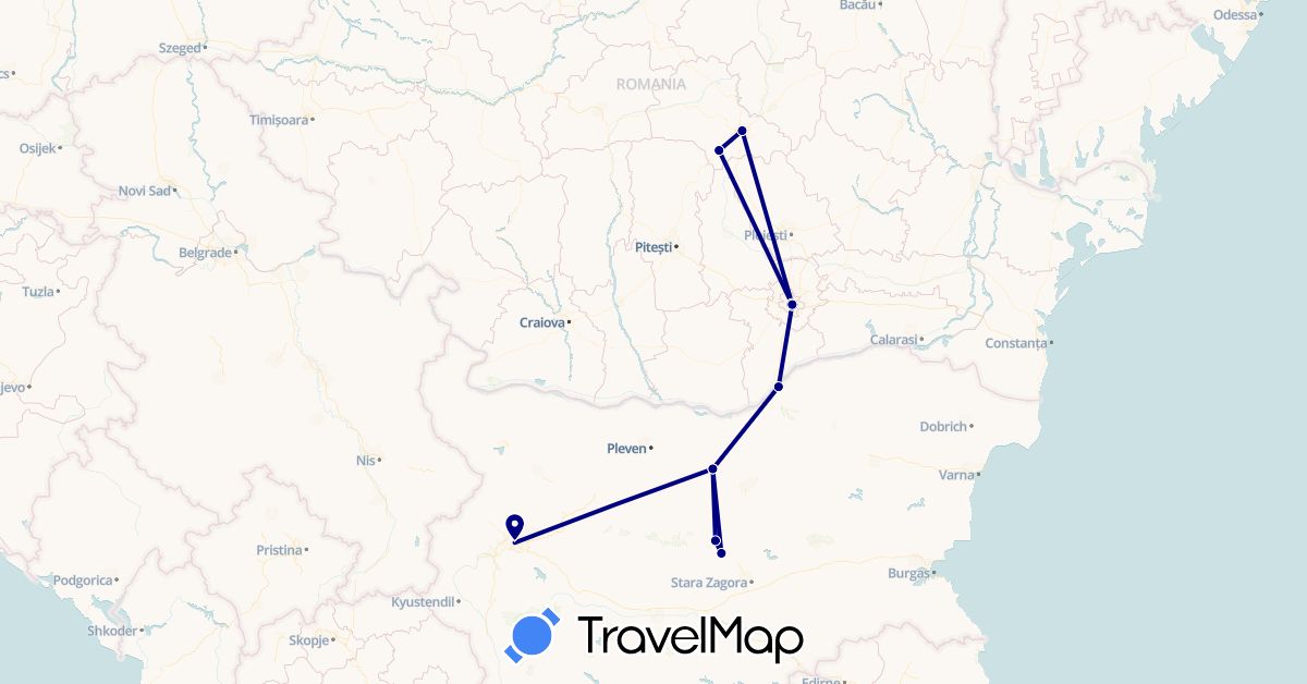 TravelMap itinerary: driving in Bulgaria, Romania (Europe)